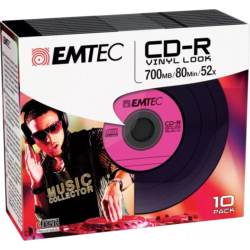 EMTEC Vinyl Look - 10 x CD-R - 700 MB (80 Min) 52x - azul, amarelo, lilás, verde, rosa - Slim Jewel Case