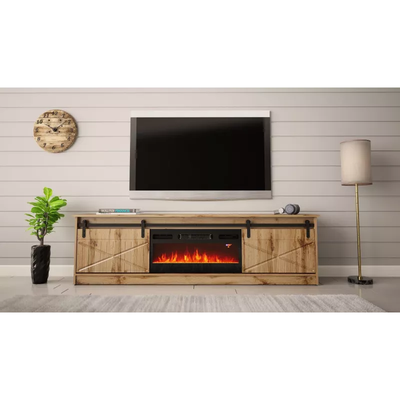 Móvel de TV Cama Meble GRANERO com móvel de lareira, carvalho Wotan, 2000×350×567 mm, 2 portas, 2 prateleiras