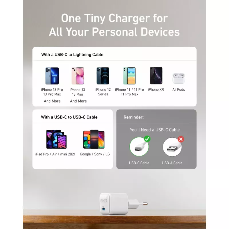 Carregador Anker 511 Nano Pro USB de carregamento rápido para telemóvel e tablet, interior, branco