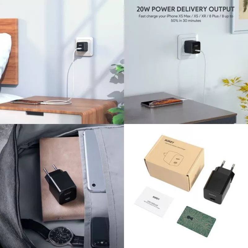 Carregador de parede Aukey PA-Y20S 20W USB-C Power Delivery, compacto, uma porta