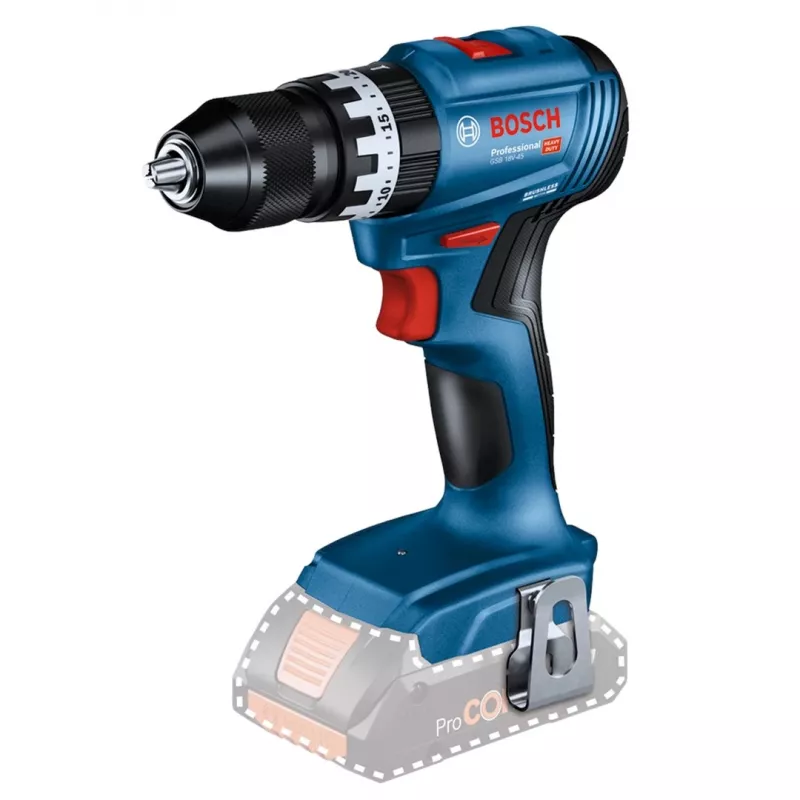 Berbequim aparafusador com bateria Bosch GSB 18 V — 18 V, 4 Ah Li‑Ion, 45 N·m, 500/1900 rpm, 35 mm madeira, 10 mm aço, 2 baterias, carregador, mala