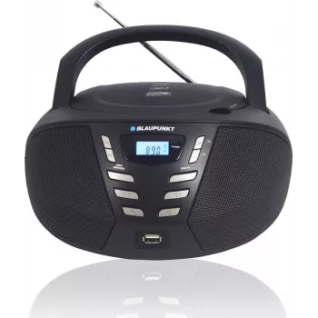 Leitor de CD portátil Blaupunkt BB7BK — MP3, rádio FM, USB, AUX, a pilhas, 2 altifalantes incorporados, 240×230×128 mm