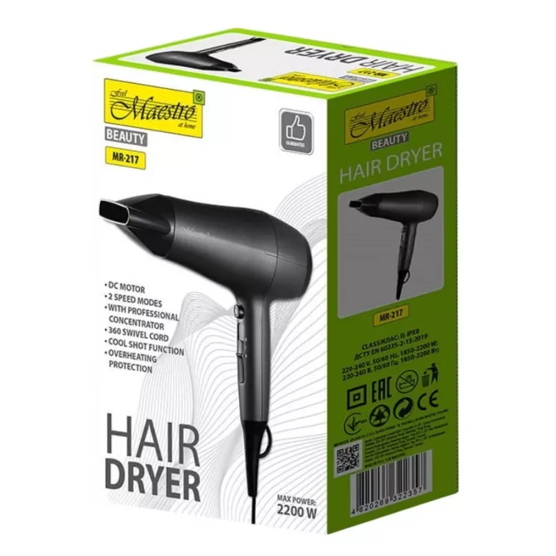 Secador de cabelo Maestro MR-217 2200 W, motor DC, 2 velocidades, função ar frio, bico de modelagem, preto-grafite