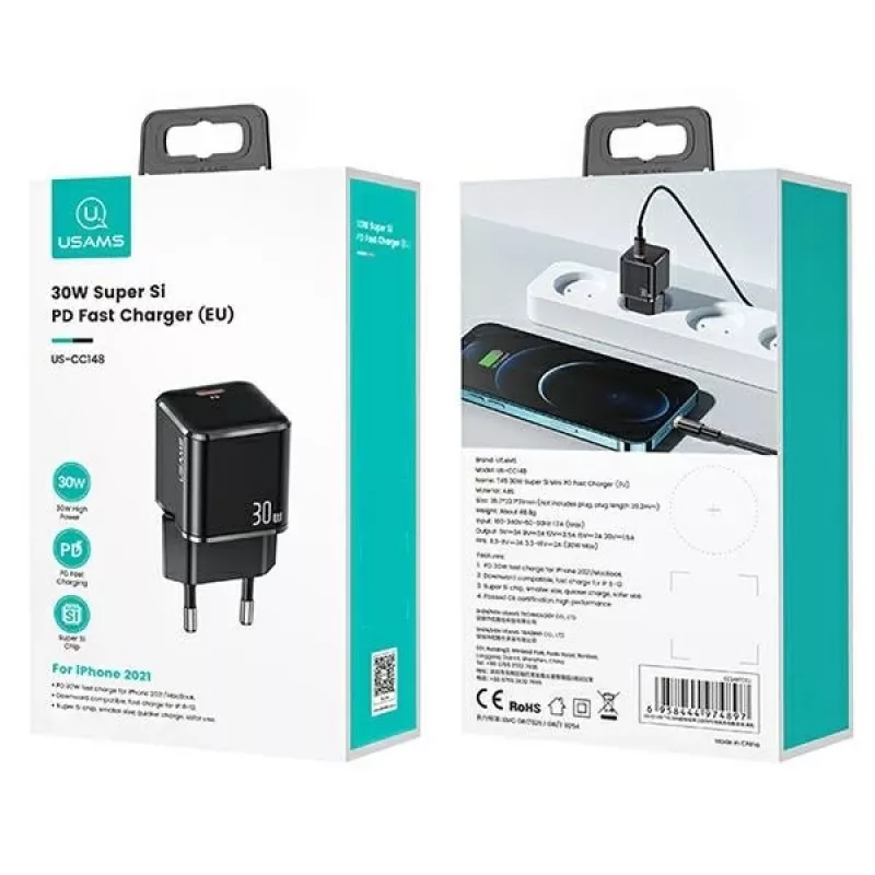 Carregador de parede usams T45 30W USB‑C PD3.0 para smartphones e tablets