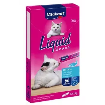 Snacks para gatos Vitakraft Liquid Snack Junior frango peixe porco pasta 6×15 g, humidade 88,5%