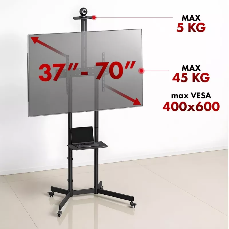 Suporte / carrinho para TV Maclean, prateleira para câmara, com rodas, 37-70, carga máx. 45 kg / 5 kg prateleira, VESA máx. 600x400, MC-113 B