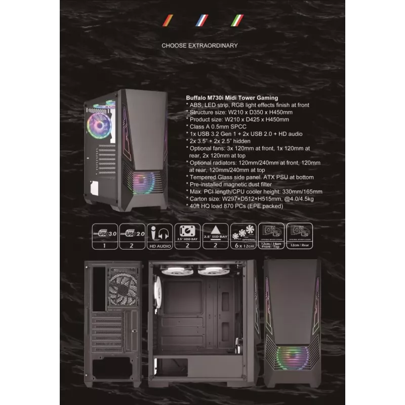 Caixa | GOLDEN TIGER | Formatos de placa-mãe suportados ATX/micro ATX | Preto | Midi Tower | Buffalo M730i | BUFFALOM730I