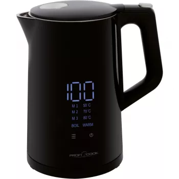 Chaleira ProfiCook PCWKS1243 — 1,7 L, 2200 W, controlo de temperatura 50–100°C, preto