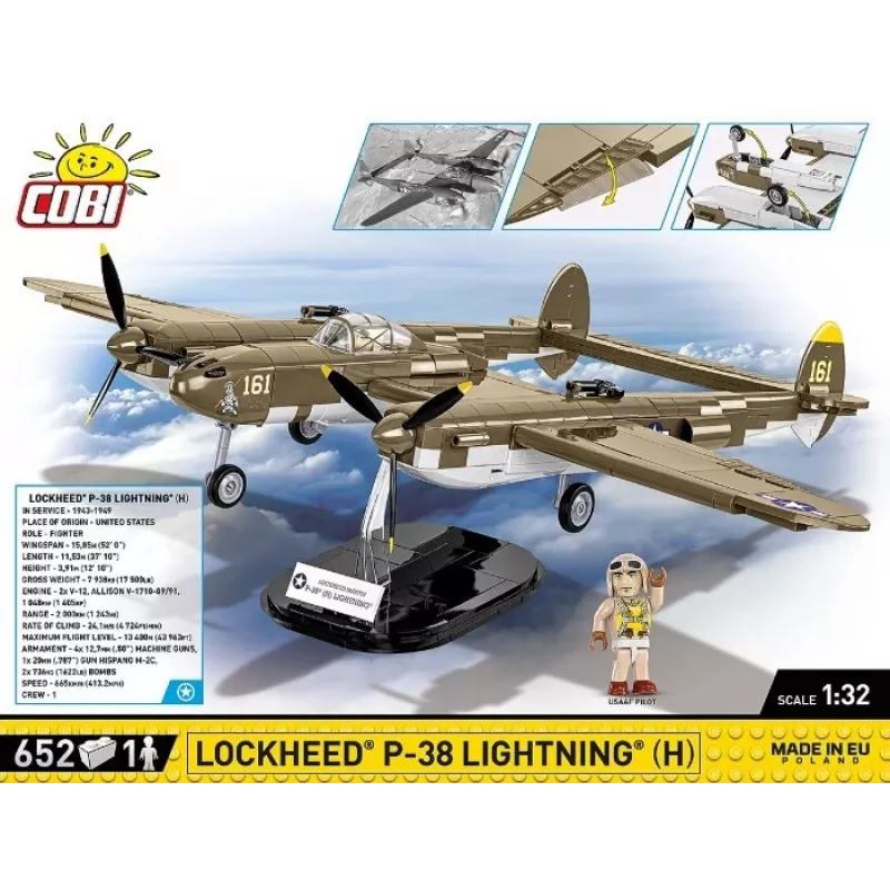 Blocos de construção Cobi Lockheed P-38H Lightning Set 5763 — maquete à escala, modelo de avião colecionável