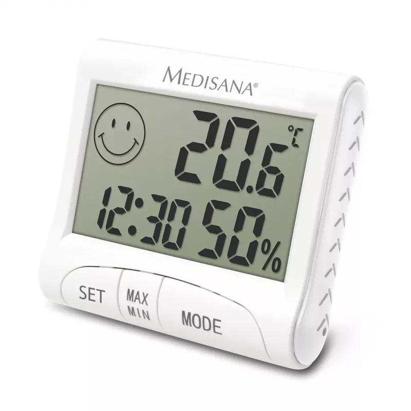 Higrómetro interior eletrónico Medisana HG 100 — termómetro digital, humidade do ar 20–90 %, temp. -10–50 °C, ecrã de mesa, pilha AAA