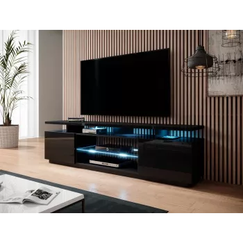 Móvel de TV cama meble EVA 180x40x56 cm, preto brilhante, tampo em MDF, estrutura preta
