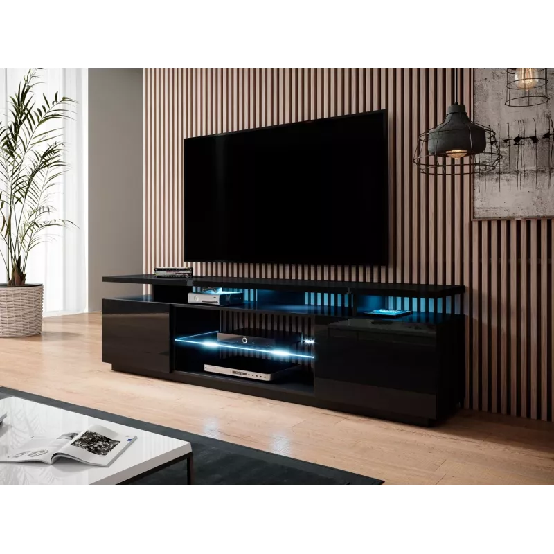 Móvel de TV cama meble EVA 180x40x56 cm, preto brilhante, tampo em MDF, estrutura preta