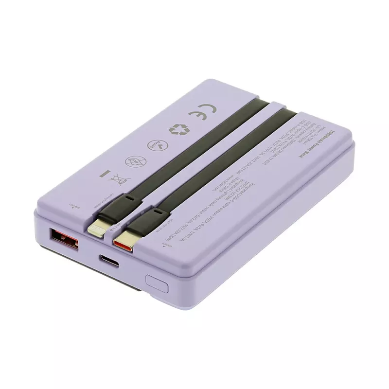 Powerbank portátil Tellur TLL158441, 10000 mAh, cabos USB-C e Lightning integrados, violeta