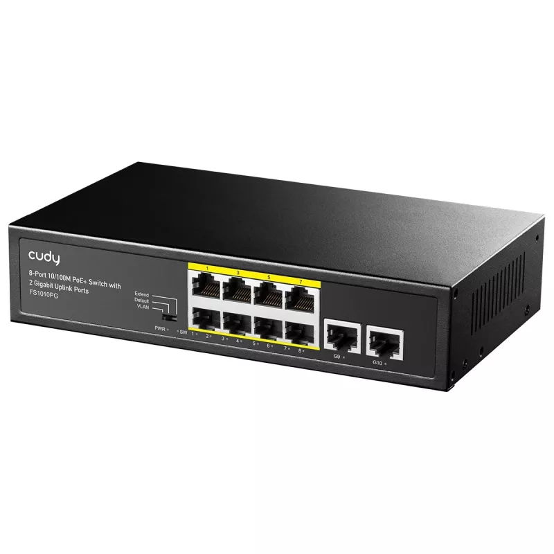 Switch de rede Cudy FS1010PG — 10/100 Mbps, 8 portas PoE, 2 Uplink, orçamento PoE 120W, caixa metálica