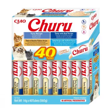 Snacks húmidos para gatos INABA Churu caixa sortida de atum com marisco — 40 x 14 g saquetas de pasta, sem cereais, sem açúcar