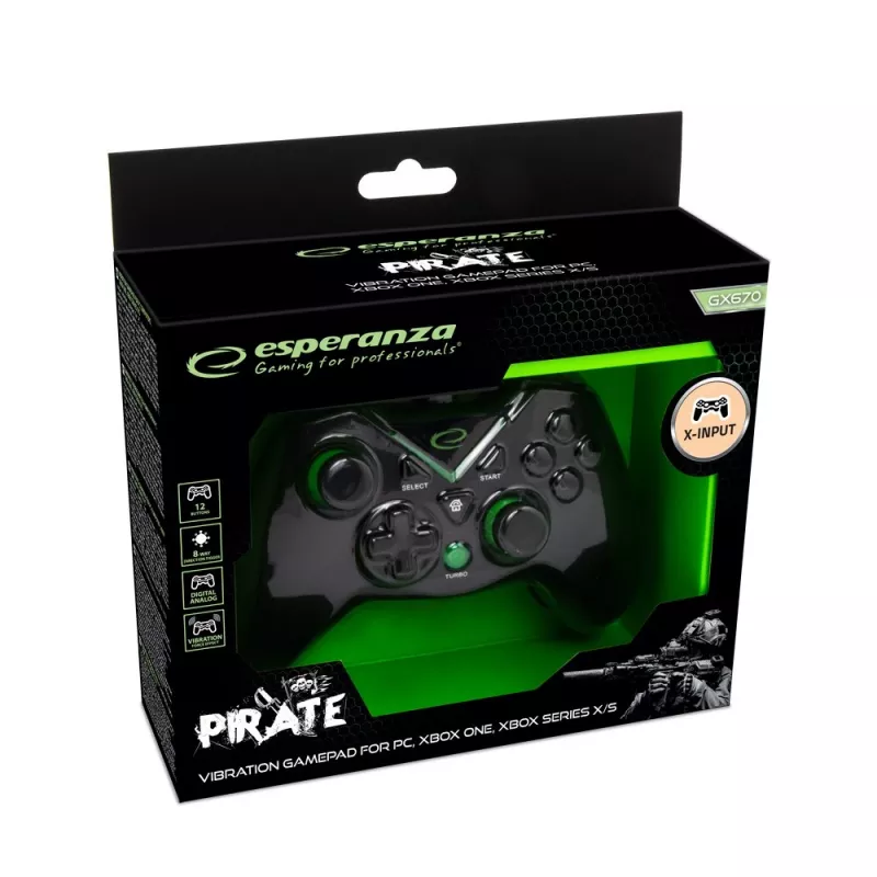 Esperanza EGG114K Pirate gamepad, USB 2.0, analógico/digital, para PC, Xbox One, Xbox Series X/S, preto
