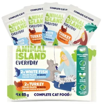 Alimento húmido para gatos animal island Everyday Filetes de peru e peixe branco em caldo 4×85 g saquetas (4×85 g)