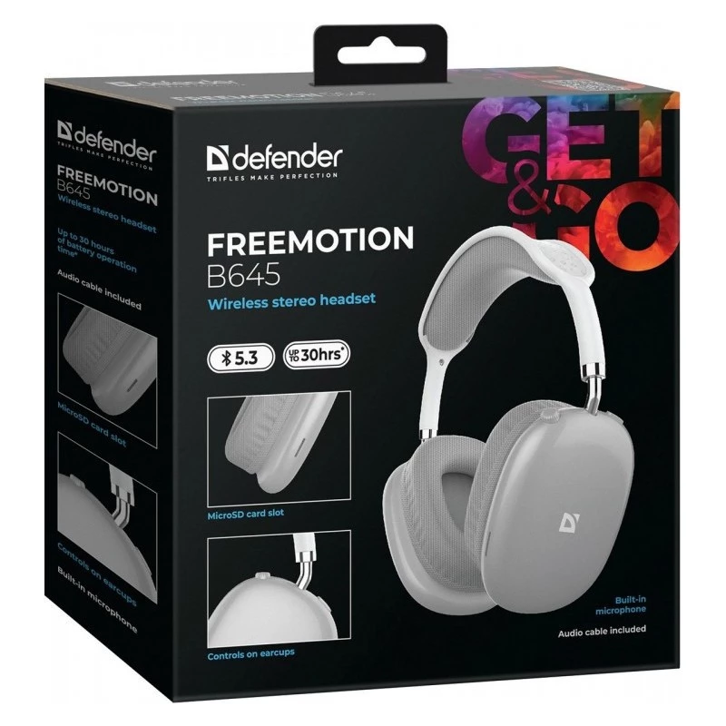 Defender FreeMotion B645 auscultadores Bluetooth on-ear, Bluetooth 5.3, USB-C, jack de 3,5 mm, microfone integrado, 20–20000 Hz, 105 dB, cinzentos