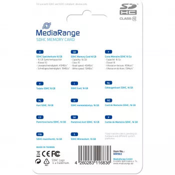 Cartão de memória MediaRange 16GB SDHC Class 10 MR963