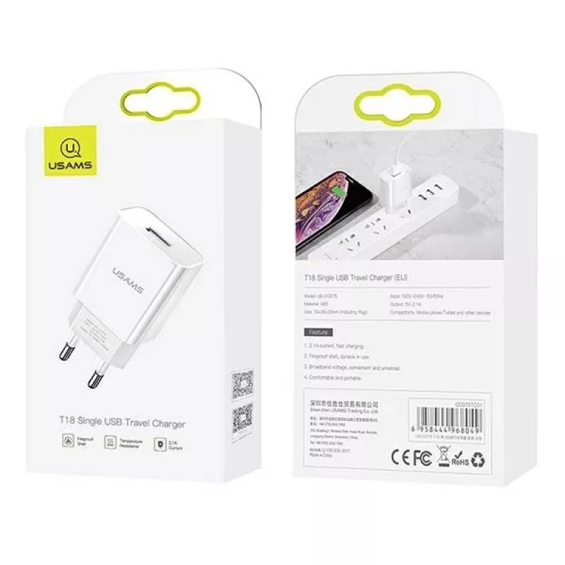 Carregador usams T18 single USB 2.1A apenas cabeça