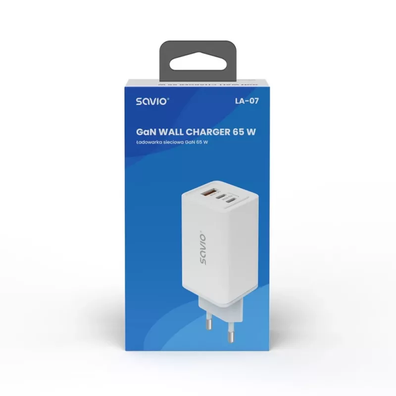 Fonte de alimentação SAVIO LA-07 GaN 65W, USB, QC4.0+, PD 3.0, branca