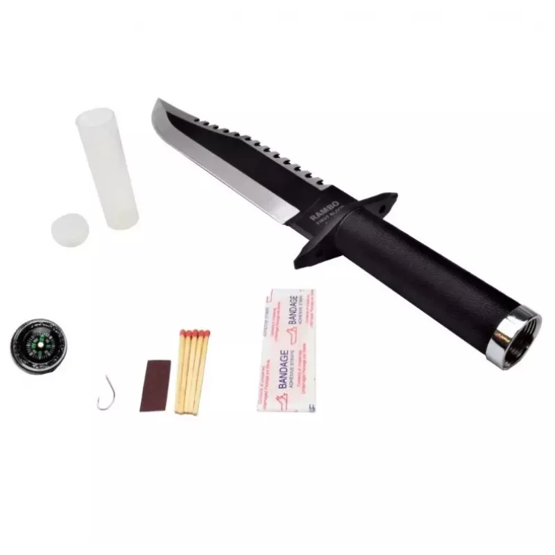 Faca de sobrevivência de lâmina fixa Cinema Classic CC-H2 — 400 mm de comprimento total, lâmina de aço 250 mm, lisa e serrada, punho preto, inclui bainha de couro