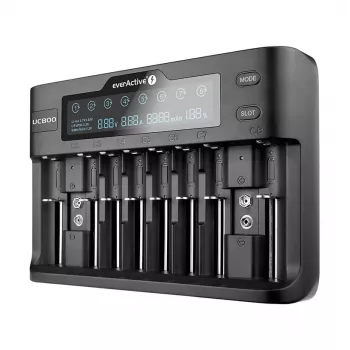 Carregador de baterias everActive UC-800 AC 12V 3A — para LiFePO4/LiPo/NiMH, suporta AA/AAA/9V, até 10 baterias, entrada 12 V, visor integrado, preto