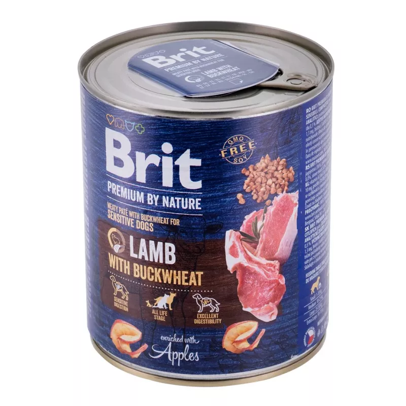 Ração húmida para cães Brit Premium by Nature Cordeiro com trigo-sarraceno 800 g, sem cereais, cães adultos, lata