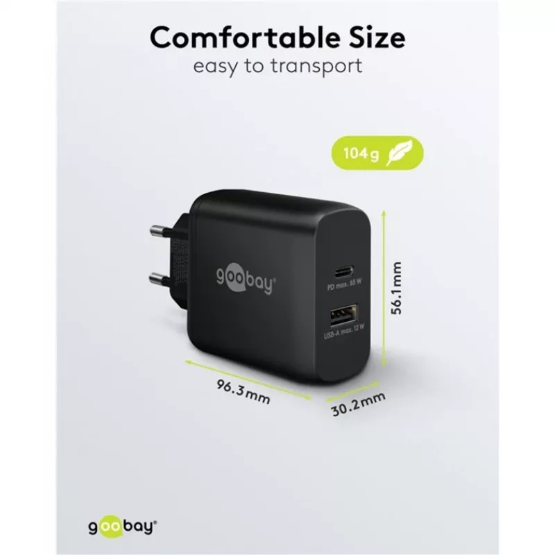 Carregador duplo rápido USB-C, PD, GaN, 65 Watt (preto, 1x USB-C, 1x USB-A, Power Delivery)