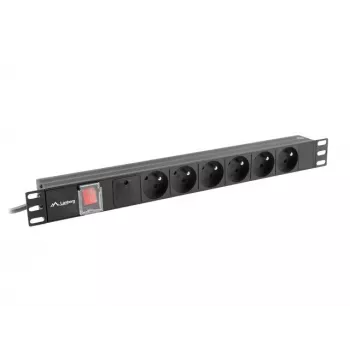 Unidade de distribuição de energia LANBERG PDU-06E-0200-BK — 6 saídas Type-E, 16 A, cabo de 2 m, rack 1HE, 220–250 V