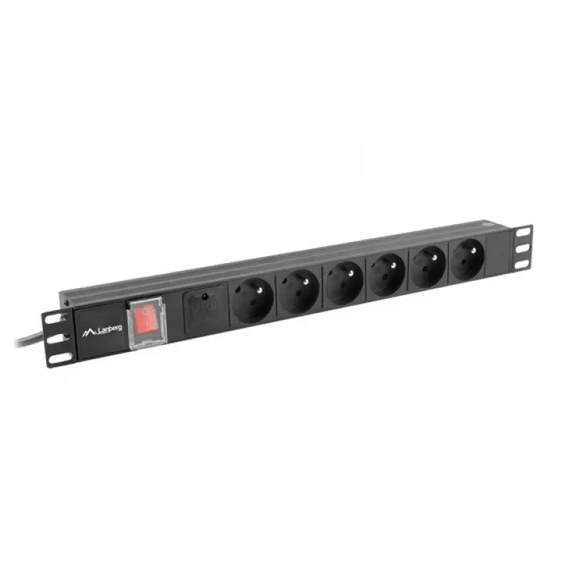 Unidade de distribuição de energia LANBERG PDU-06E-0200-BK — 6 saídas Type-E, 16 A, cabo de 2 m, rack 1HE, 220–250 V