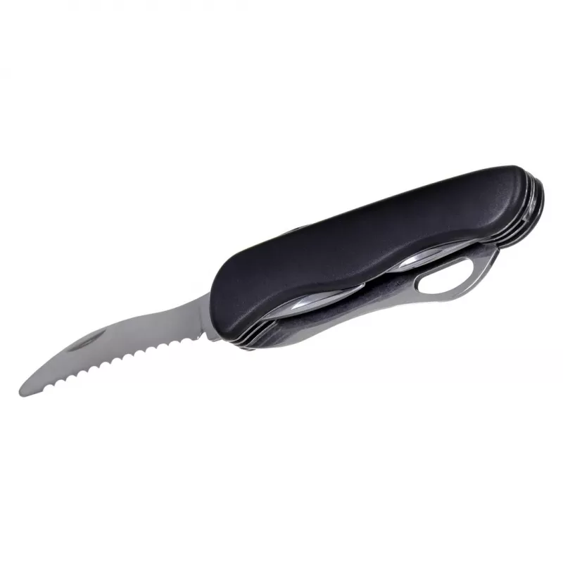 Faca de bolso AZYMUT HK20018 — multiferramenta completa, 9 funções, aço inoxidável 420J2/3CR13, fechada 11 cm, 146 g, estojo de couro, porta-chaves