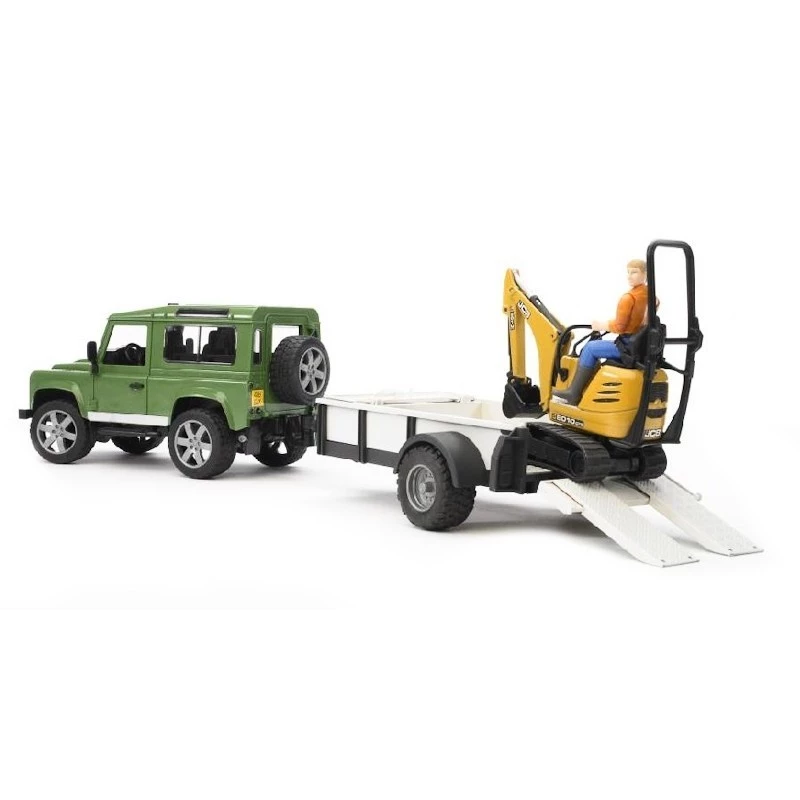 BRUDER Land Rover Defender com atrelado CAT e figura, veículo de brinquedo