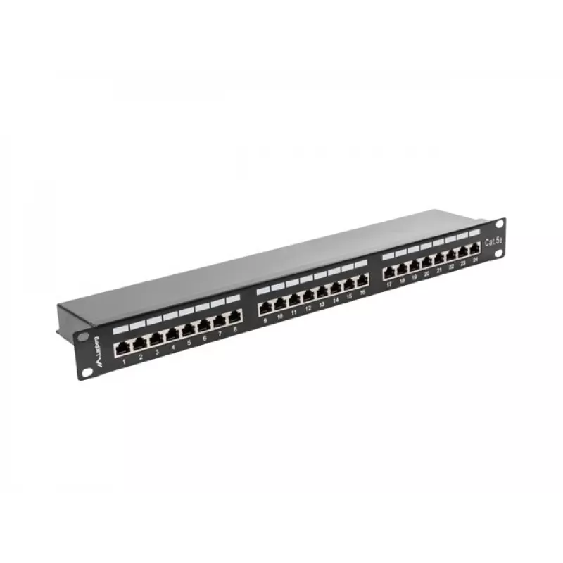 Patch panel 1U LANBERG PPS5-1024-B — 24 portas RJ-45 Cat5, metal, preto, montagem em rack