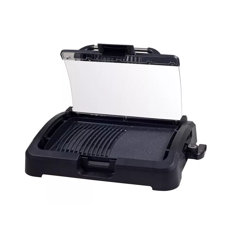 Beper 90.871 grelhador elétrico, placa antiaderente de 39 x 29 cm, tampa de vidro, 2200 W, preto