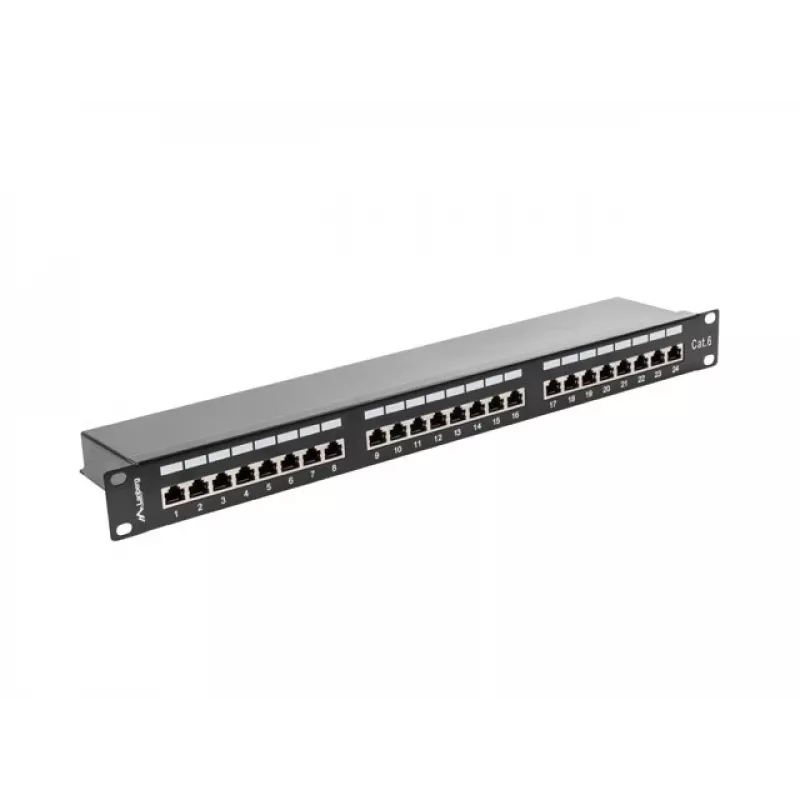 Patch panel 1U LANBERG PPS6-1024-B, 24 portas Cat6, metal, preto, 442×114,5×44,5 mm