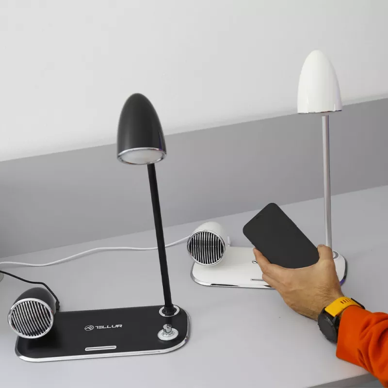 Candeeiro de mesa Tellur TLL151361 com carregador sem fios Qi e altifalante Bluetooth, iluminação ajustável