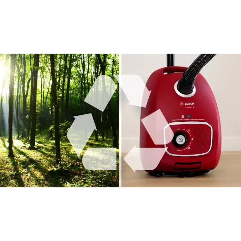 Aspirador de pó Bosch BGB 41RD3H — 600 W, saco de 4 l, filtro HEPA, raio de ação de 11 m, tubo telescópico, vermelho