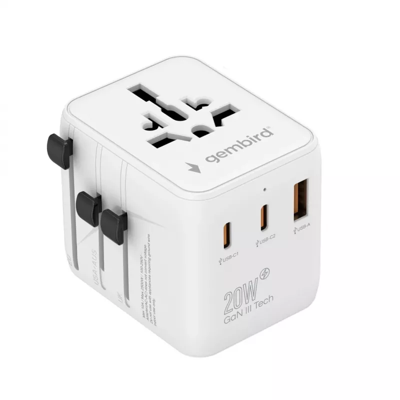 Fonte de alimentação de viagem GEMBIRD TPA-1A2C20-01-W — 20 W, USB-A (18 W) + 2× USB-C (20 W), ficha tipo E, branco