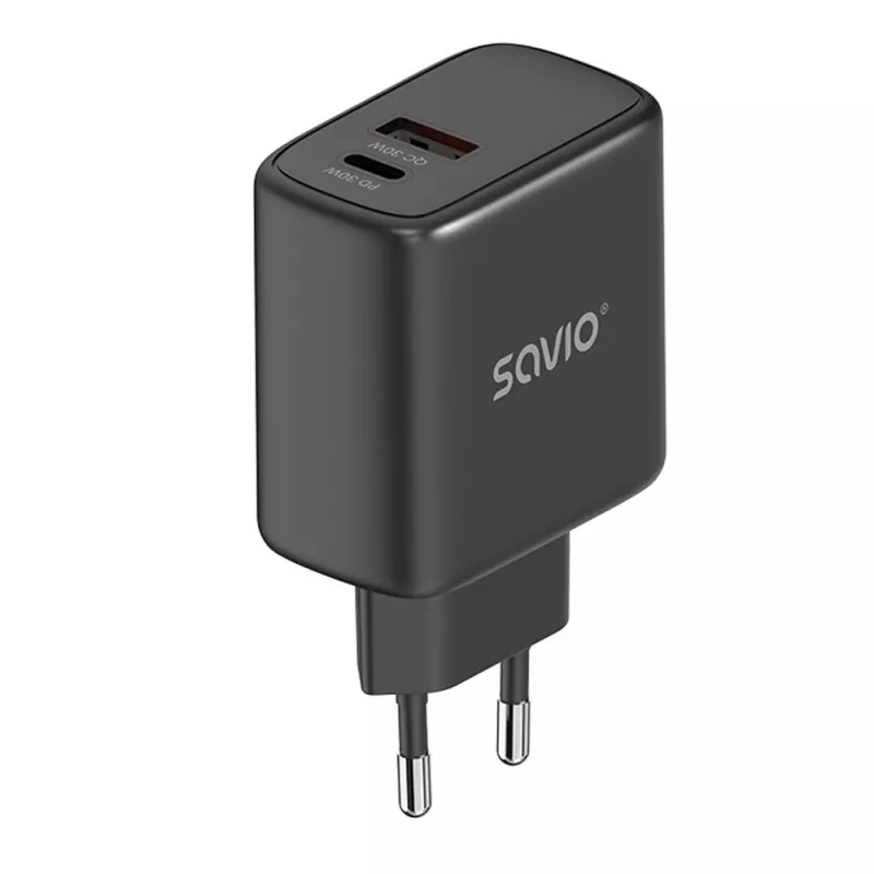 Carregador de parede SAVIO LA-06/B 30 W, USB-A + USB-C, Quick Charge, Power Delivery 3.0, preto
