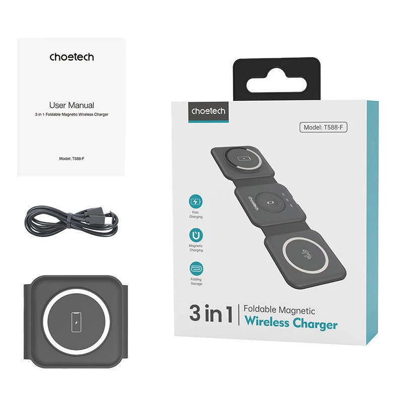 Carregador sem fios magnético 3em1 Choetech T588-F 15W (preto)