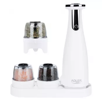 Conjunto de saleiro e pimenteiro Adler AD 4449W aço branco, moinho cerâmico, 150 ml, recarregável USB-C
