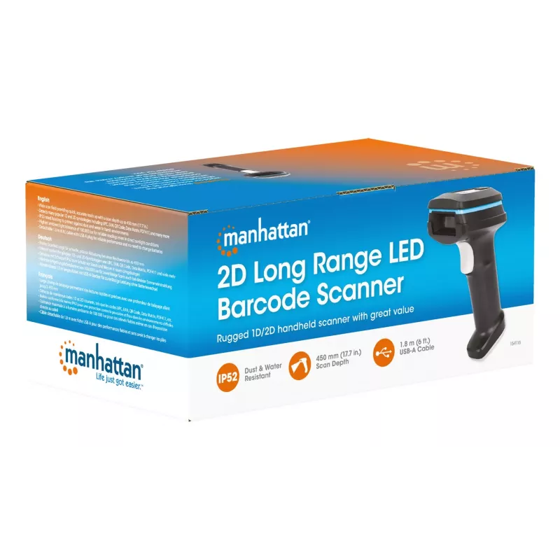 Manhattan 154116 leitor de códigos de barras de mão 2D LED de longo alcance, 450 mm, IP52