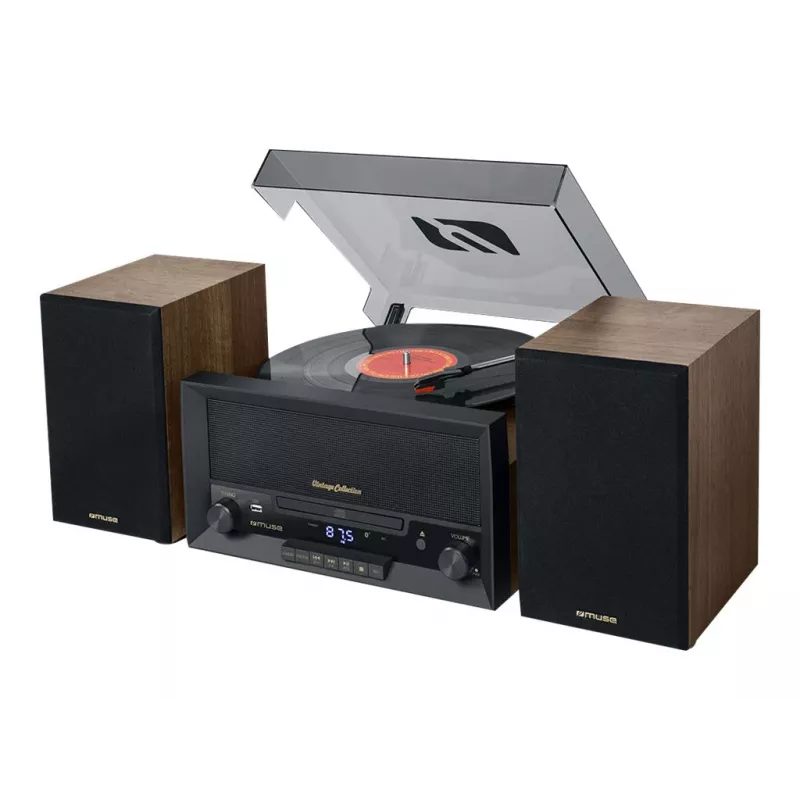 Sistema áudio midi doméstico muse MT-120 MB — 20 W RMS, altifalantes de 2 vias, AC 100–240 V 50/60 Hz, preto/transparente/madeira