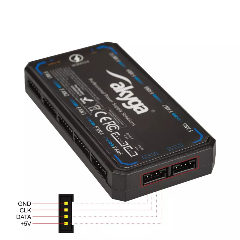 Akyga AK-CA-73 controlador de ventoinhas RGB com comando, 12 ligações (10 ventoinhas + 2 fitas LED), alimentação Molex