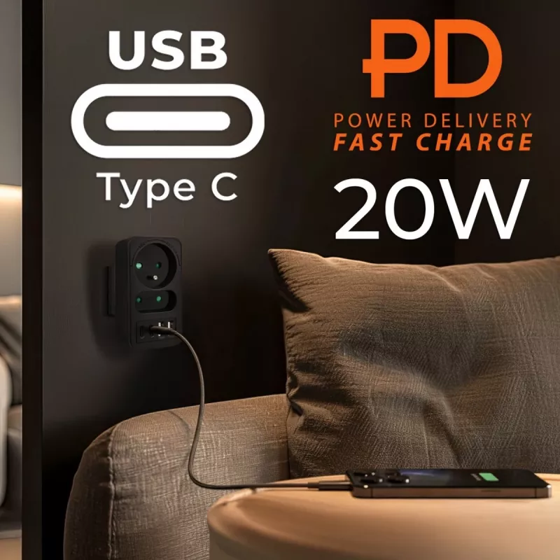 Power Splitter MACLEAN MCE249 F/B – 2 tomadas AC (16A + 6A) com 2×USB-A e 2×USB-C PD 20W, ficha EU, preto