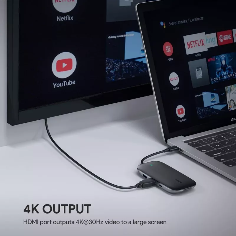 AUKEY CB-C71 hub USB-C 8 em 1, 3x USB-A 3.0, HDMI 4K@30Hz, Gigabit RJ45, SD/microSD, USB-C PD 100 W, cabo de 0,15 m, alumínio, preto