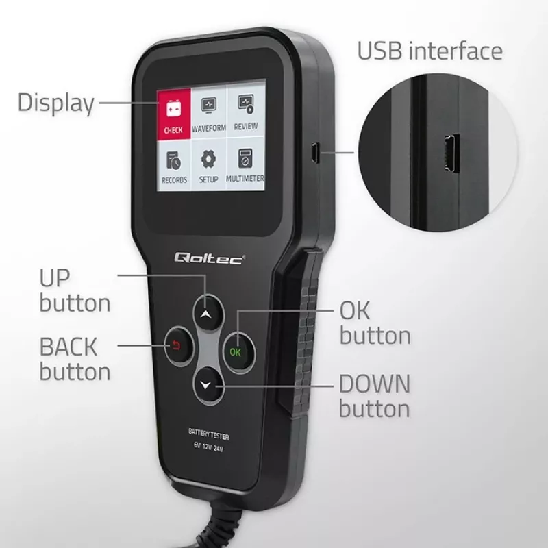 Qoltec 52489 Analisador e testador digital de baterias 3-em-1 com LCD e multilingue 6V | 12V | 24V | 30Ah-200Ah