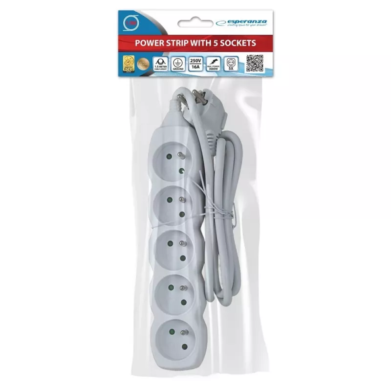 Extensão elétrica ESPERANZA ELK207W — cabo de 1,5 m, 5 tomadas tipo E, interior, 220–250 V