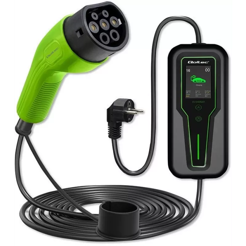 Carregador móvel Qoltec 52465 para carro elétrico 2-em-1 Type2 com regulação | 3,5 kW | 230 V | LCD | Portátil | Wallbox | 5 m